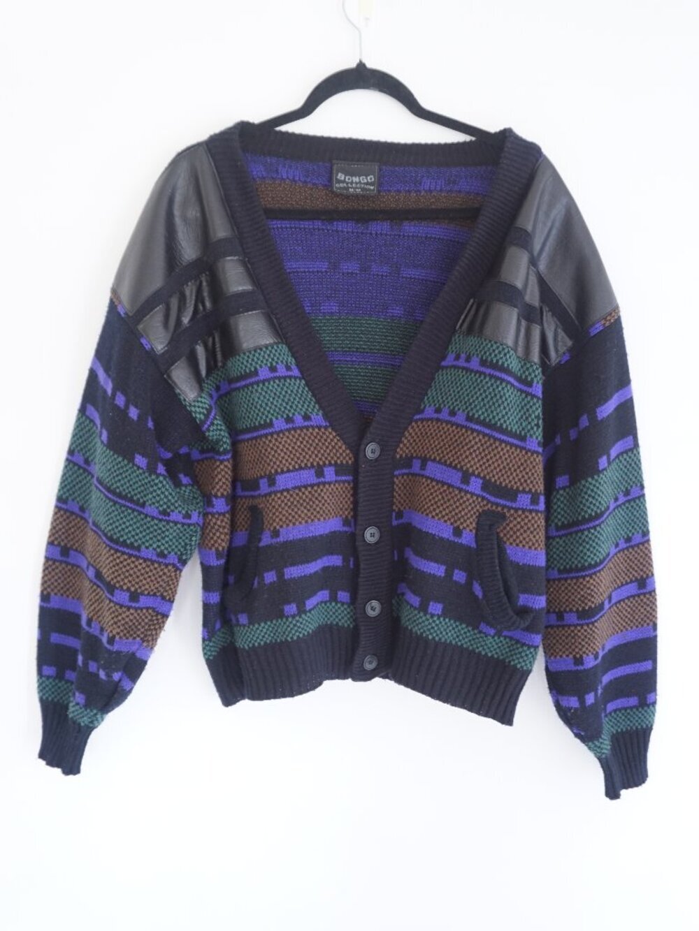 Bongo Black Purple Green Brown Stripe Pattern Button Front Knit Cardigan Medium
